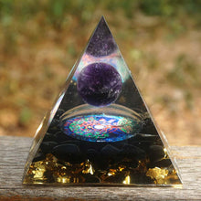 Load image into Gallery viewer, Orgonite Pyramid 60mm Amethyst Crystal Sphere With Obsidian
