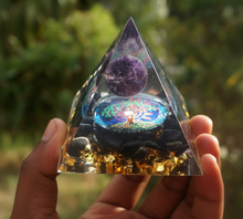 Load image into Gallery viewer, Orgonite Pyramid 60mm Amethyst Crystal Sphere With Obsidian