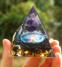Load image into Gallery viewer, Orgonite Pyramid 60mm Amethyst Crystal Sphere With Obsidian