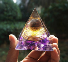 Load image into Gallery viewer, Orgonite Pyramid 60mm Amethyst Crystal Sphere With Obsidian